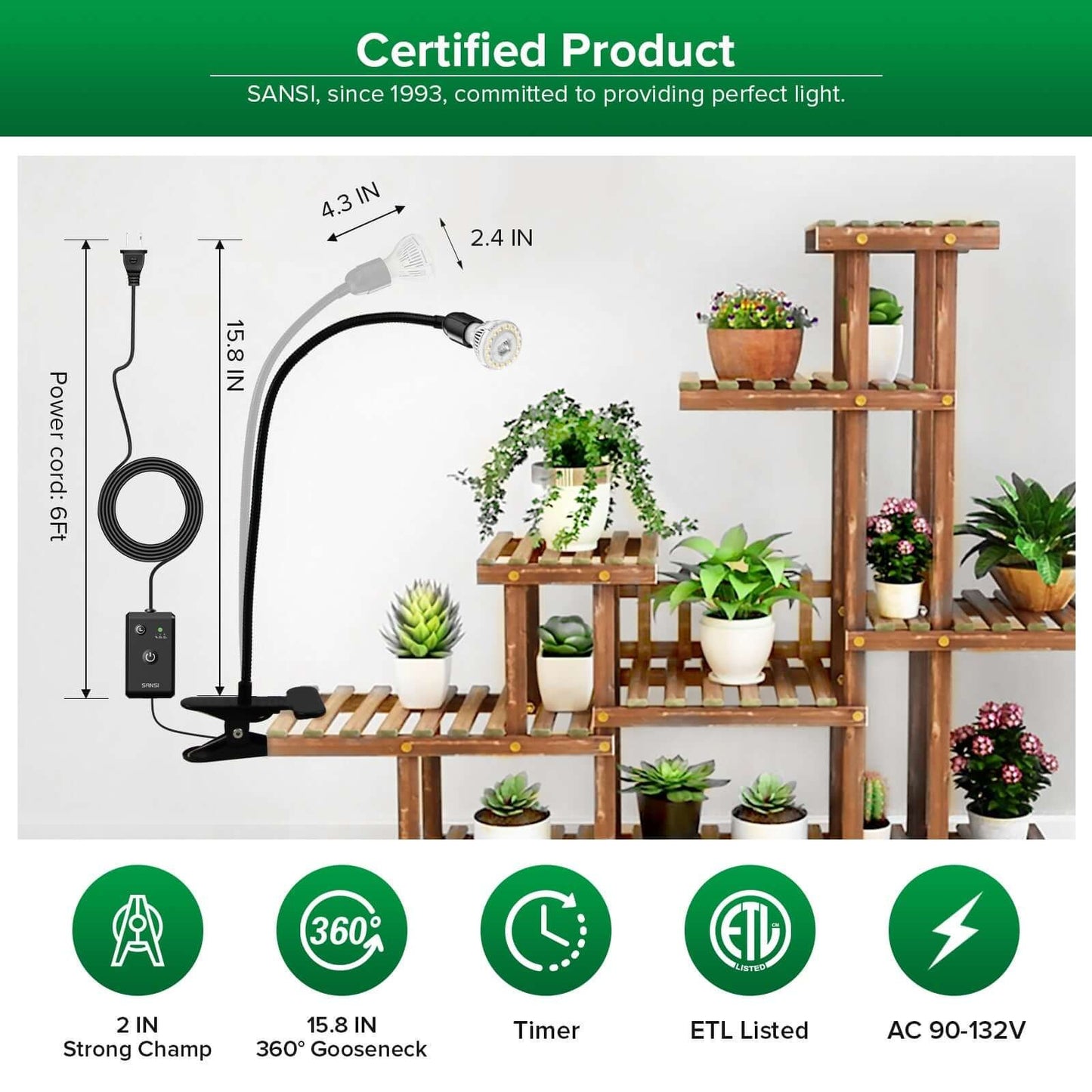 LED Grow Light, 10W Adjustable 1-Head, Clip-on, Timer