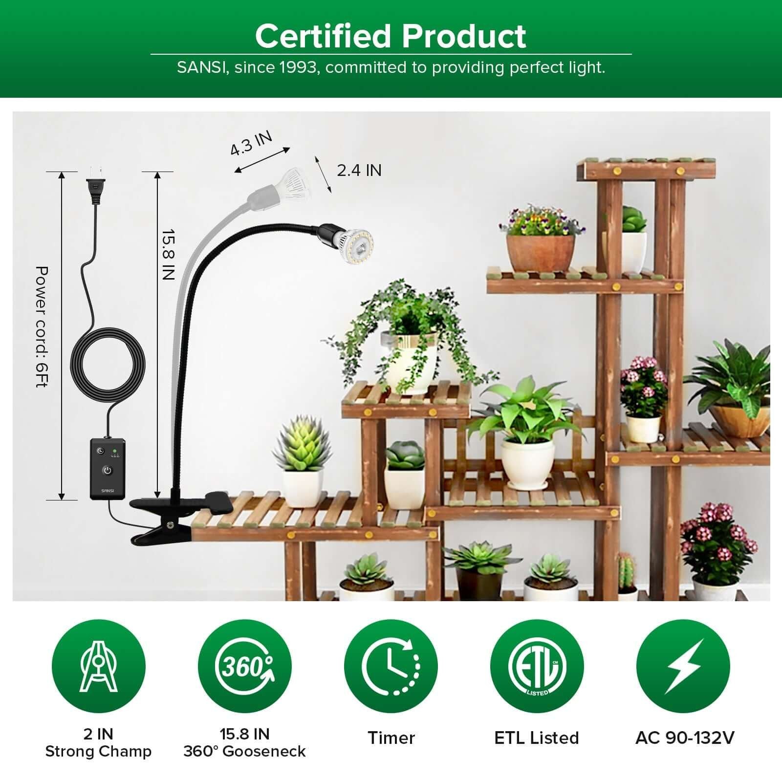 LED Grow Light, 10W Adjustable 1-Head, Clip-on, Timer