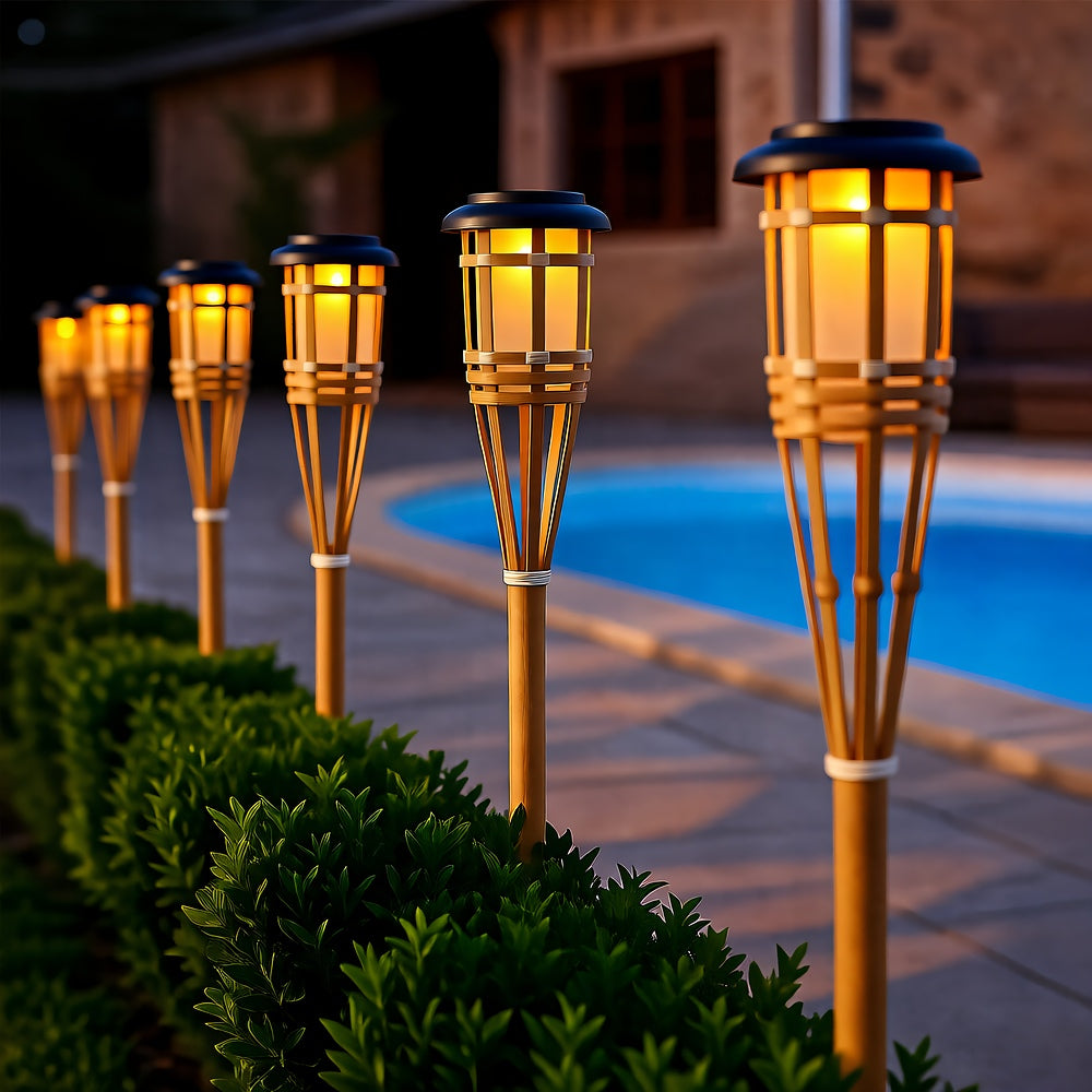 Solar Tiki Torch, 5-Piece Set, Outdoor Garden Lighting