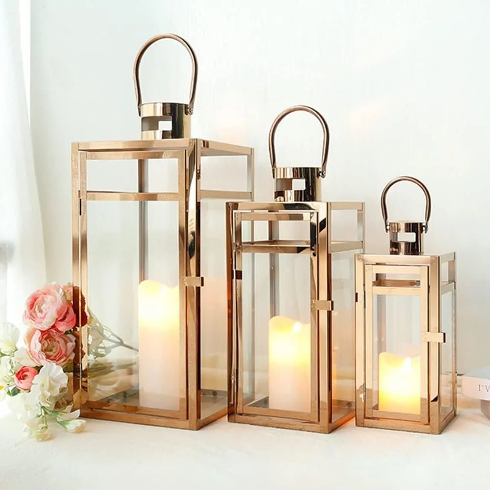 Candle Lanterns, 3-Piece Set, Stainless Steel Glass, Outdoor