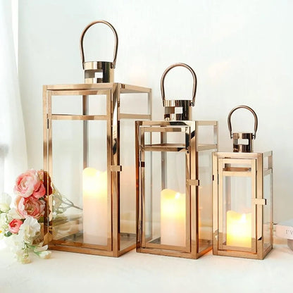 Candle Lanterns, 3-Piece Set, Stainless Steel Glass, Outdoor