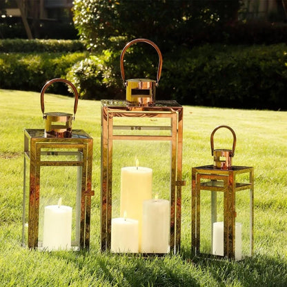 Candle Lanterns, 3-Piece Set, Stainless Steel Glass, Outdoor