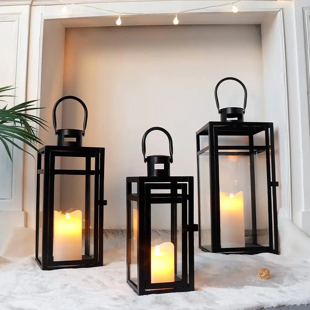 Candle Lanterns, 3-Piece Set, Stainless Steel Glass, Outdoor