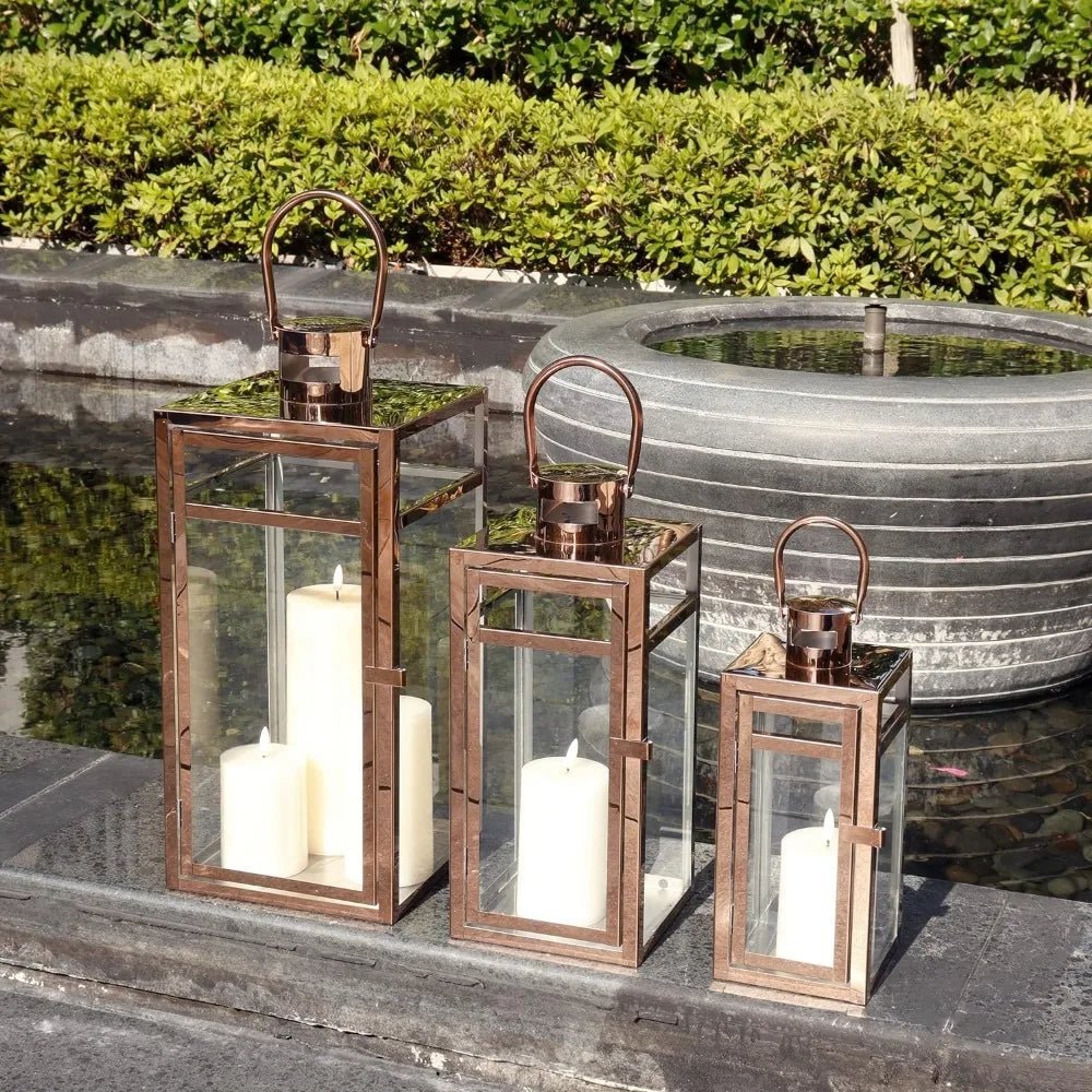 Candle Lanterns, 3-Piece Set, Stainless Steel Glass, Outdoor