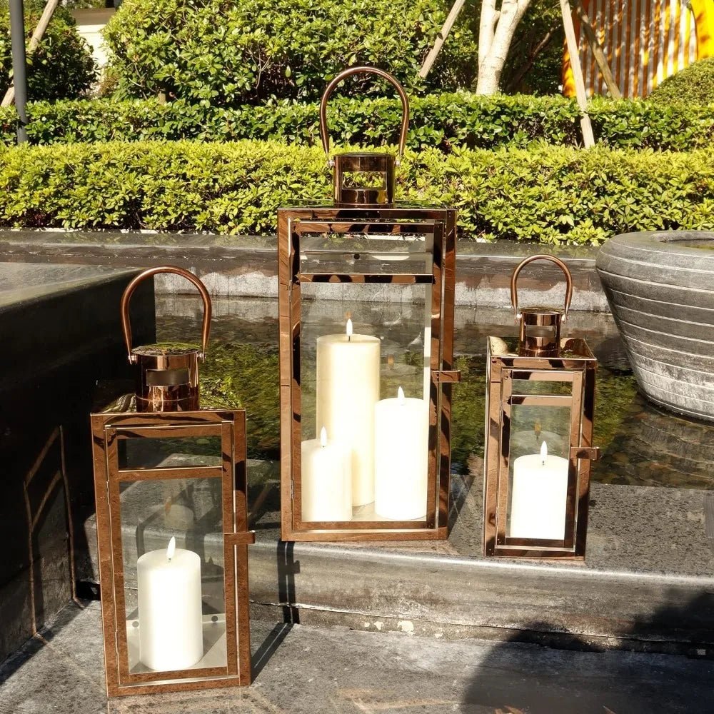 Candle Lanterns, 3-Piece Set, Stainless Steel Glass, Outdoor