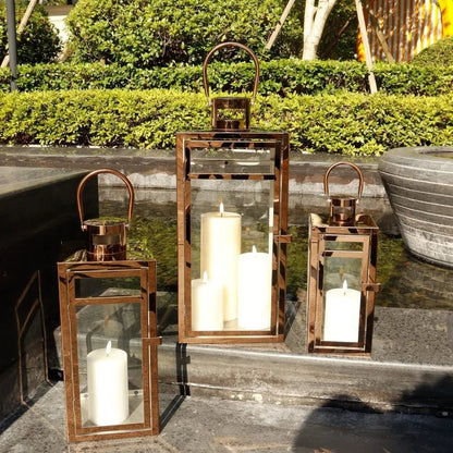 Candle Lanterns, 3-Piece Set, Stainless Steel Glass, Outdoor