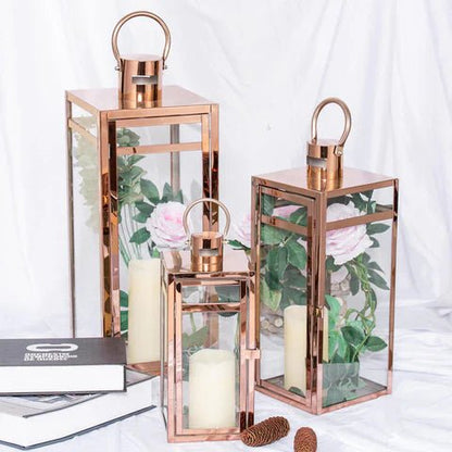 Candle Lanterns, 3-Piece Set, Stainless Steel Glass, Outdoor