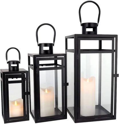 Candle Lanterns, 3-Piece Set, Stainless Steel Glass, Outdoor