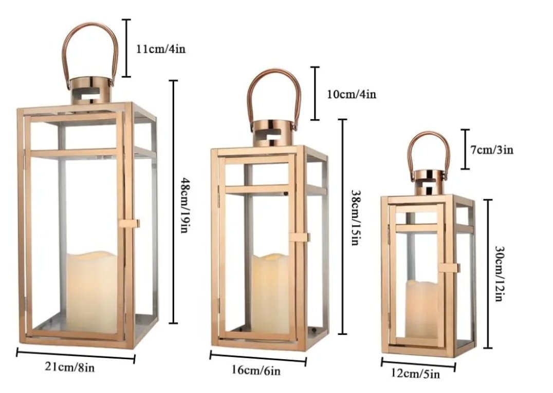 Candle Lanterns, 3-Piece Set, Stainless Steel Glass, Outdoor