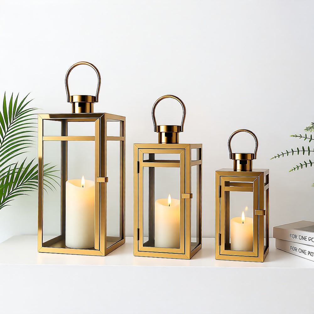 Candle Lanterns, 3-Piece Set, Stainless Steel Glass, Outdoor