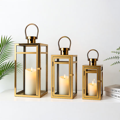 Candle Lanterns, 3-Piece Set, Stainless Steel Glass, Outdoor