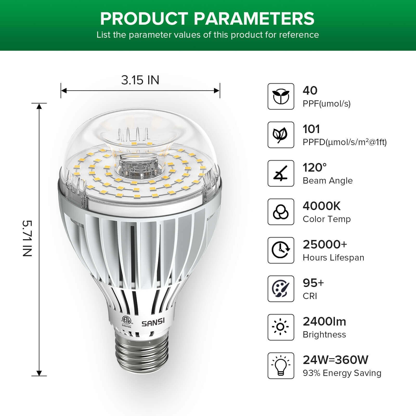 A21 LED Grow Light 24W E26 Full Spectrum Plant Bulb