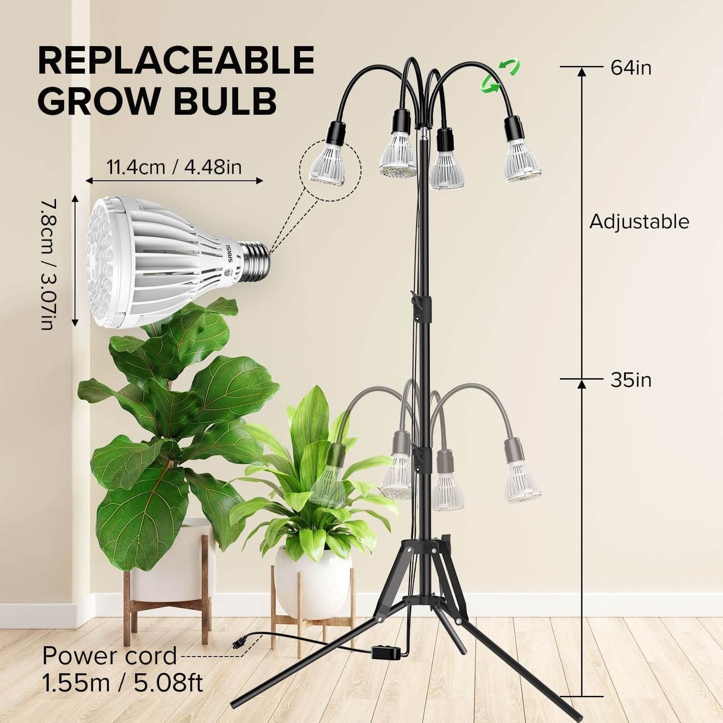Multi-head Grow Light 128W Full Spectrum Tripod Stand Plant