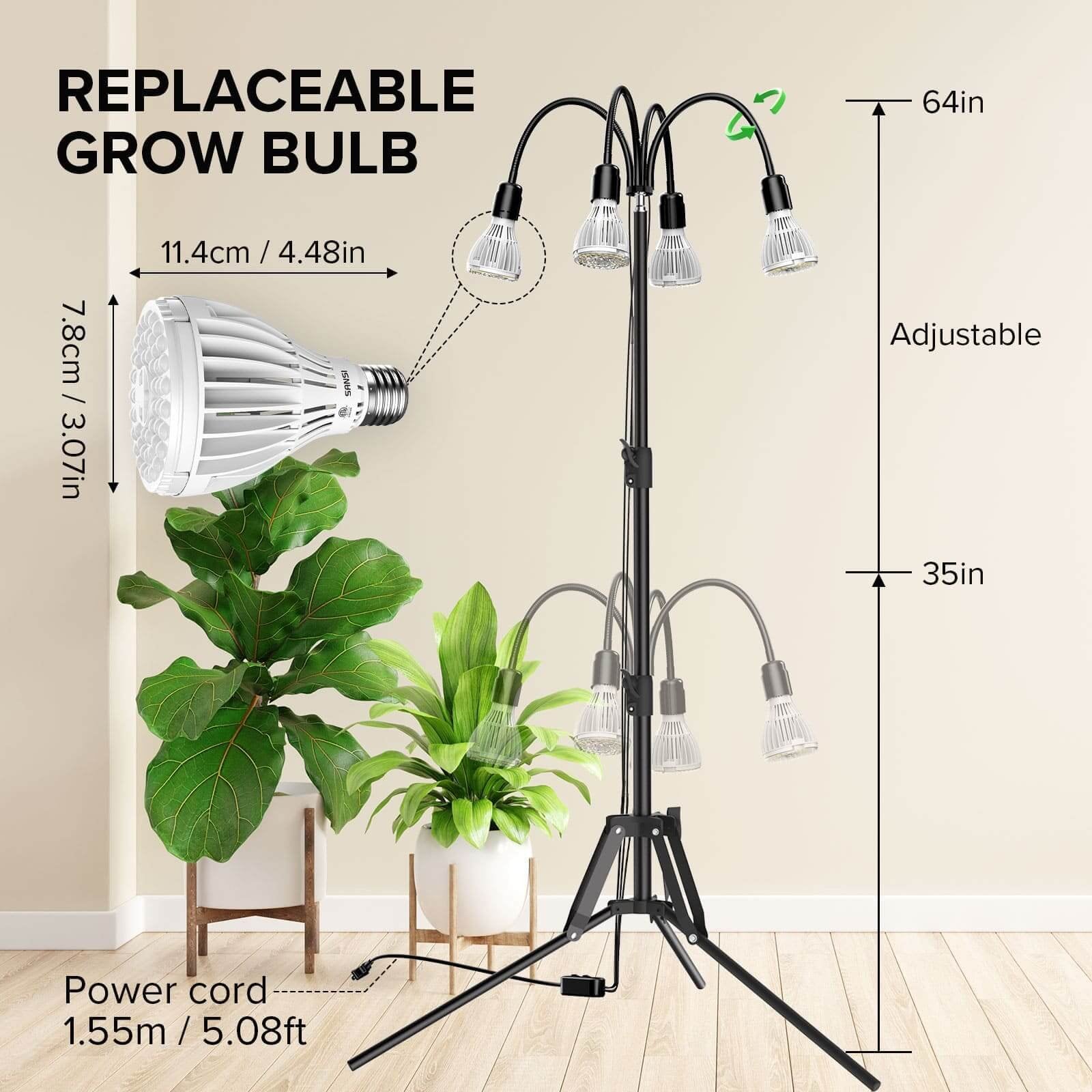 Multi-head Grow Light 128W Full Spectrum Tripod Stand Plant