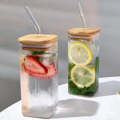 Square To-Go Cup, Borosilicate Glass, With Lid, Travel