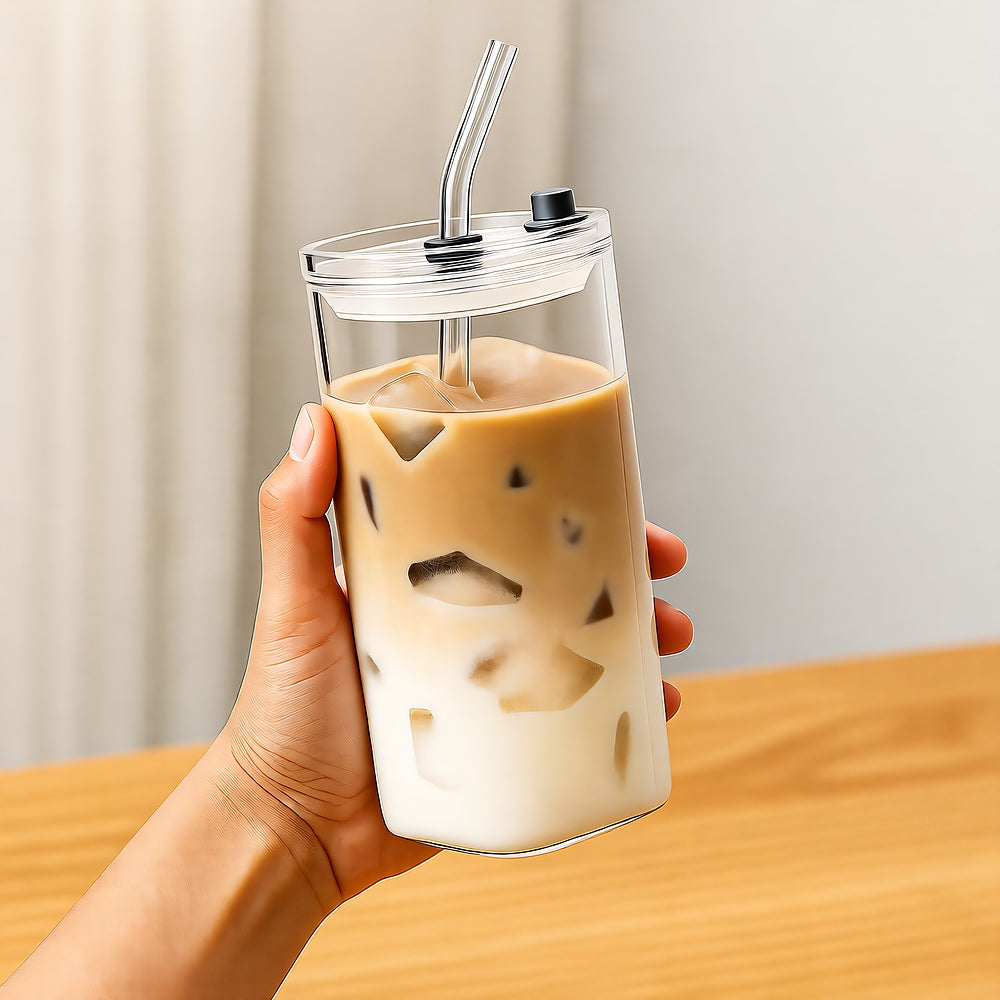 Square To-Go Cup, Borosilicate Glass, With Lid, Travel