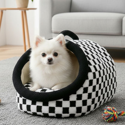 Arlo Checkered Semi-Enclosed Pet Bed, All Seasons, Cozy Retreat