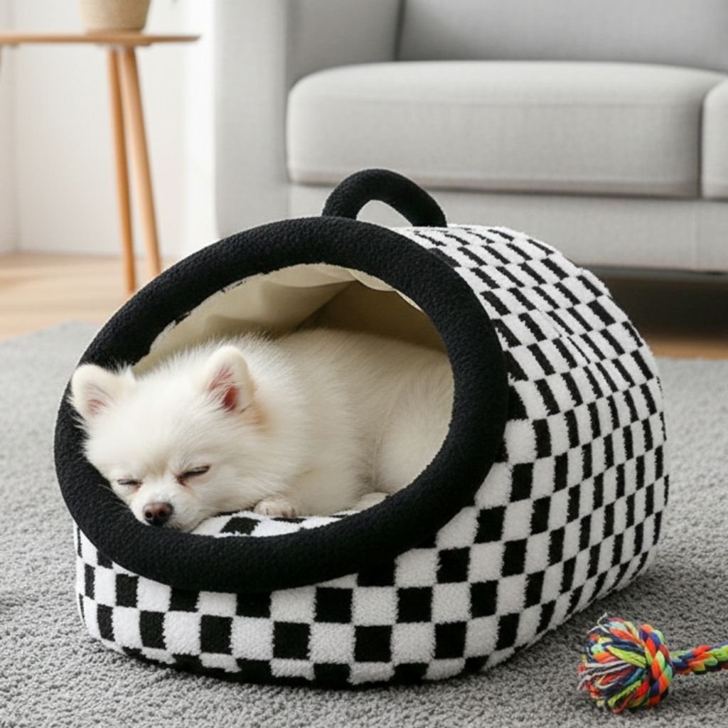 Arlo Checkered Semi-Enclosed Pet Bed, All Seasons, Cozy Retreat