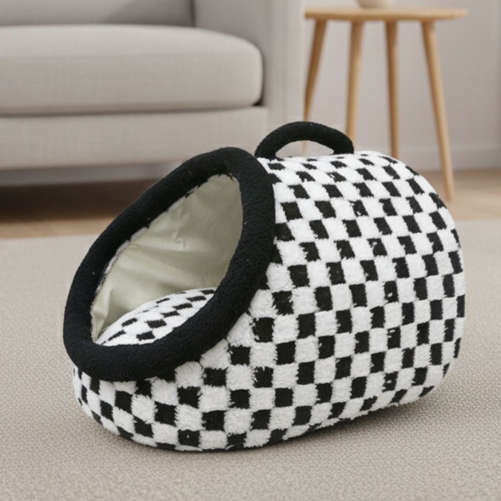 Arlo Checkered Semi-Enclosed Pet Bed, All Seasons, Cozy Retreat