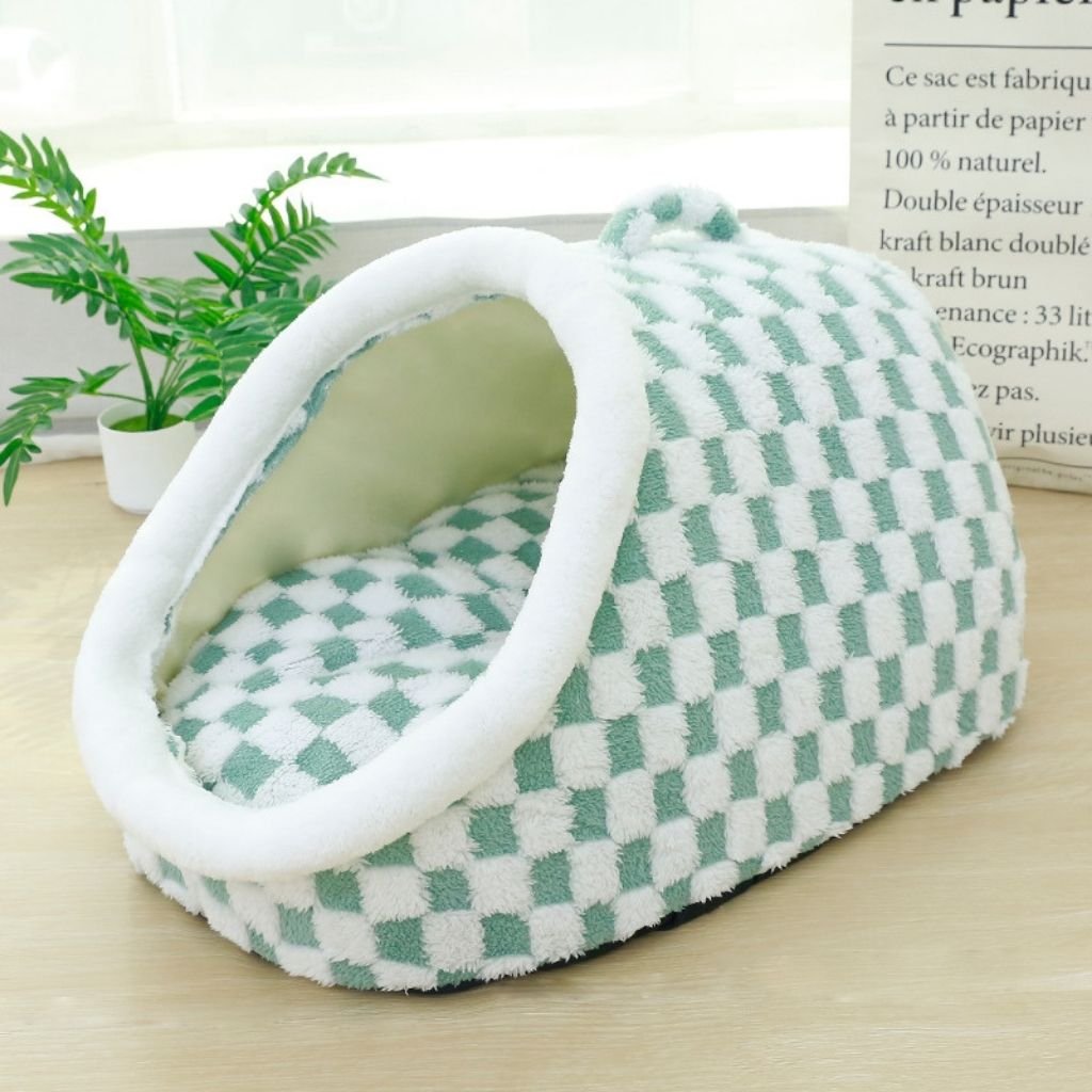 Arlo Checkered Semi-Enclosed Pet Bed, All Seasons, Cozy Retreat