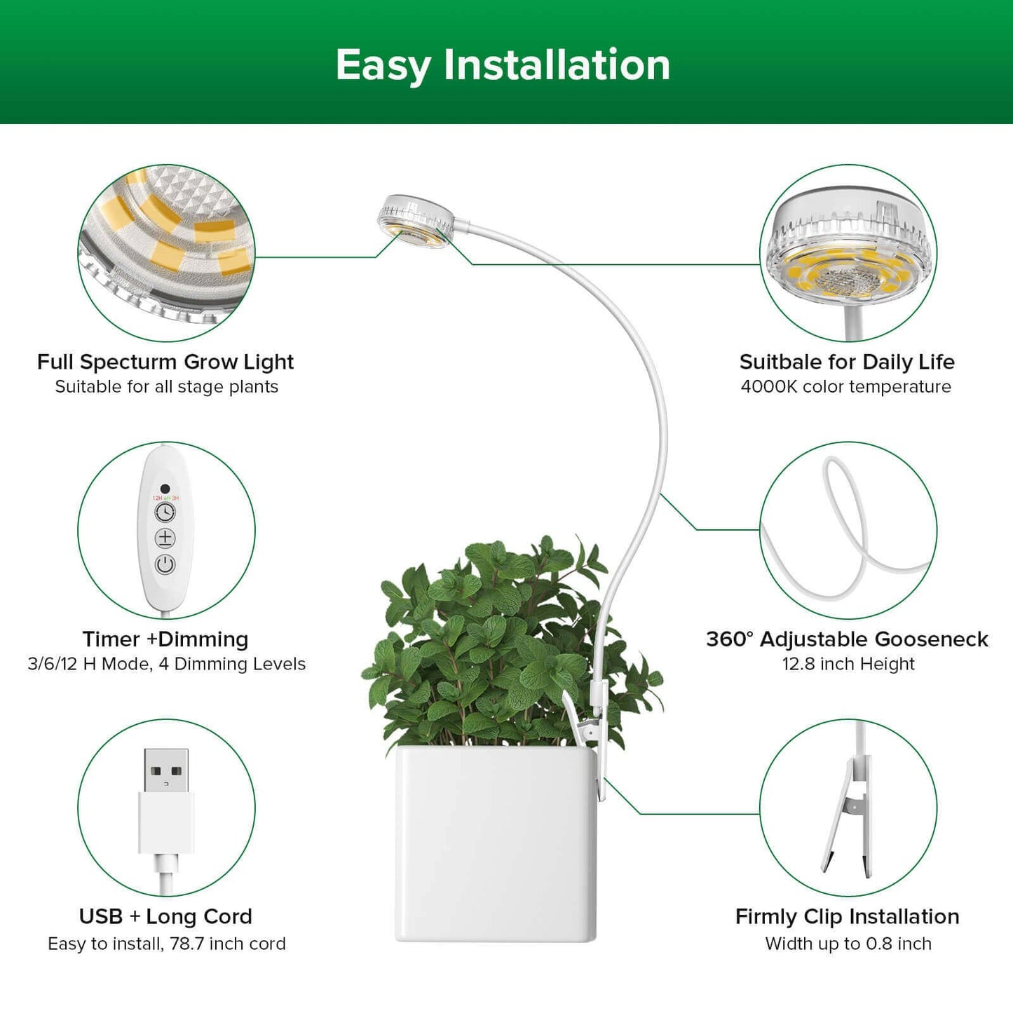 LED Grow Light, 5W Full Spectrum, Pot Clip for Indoor Plants
