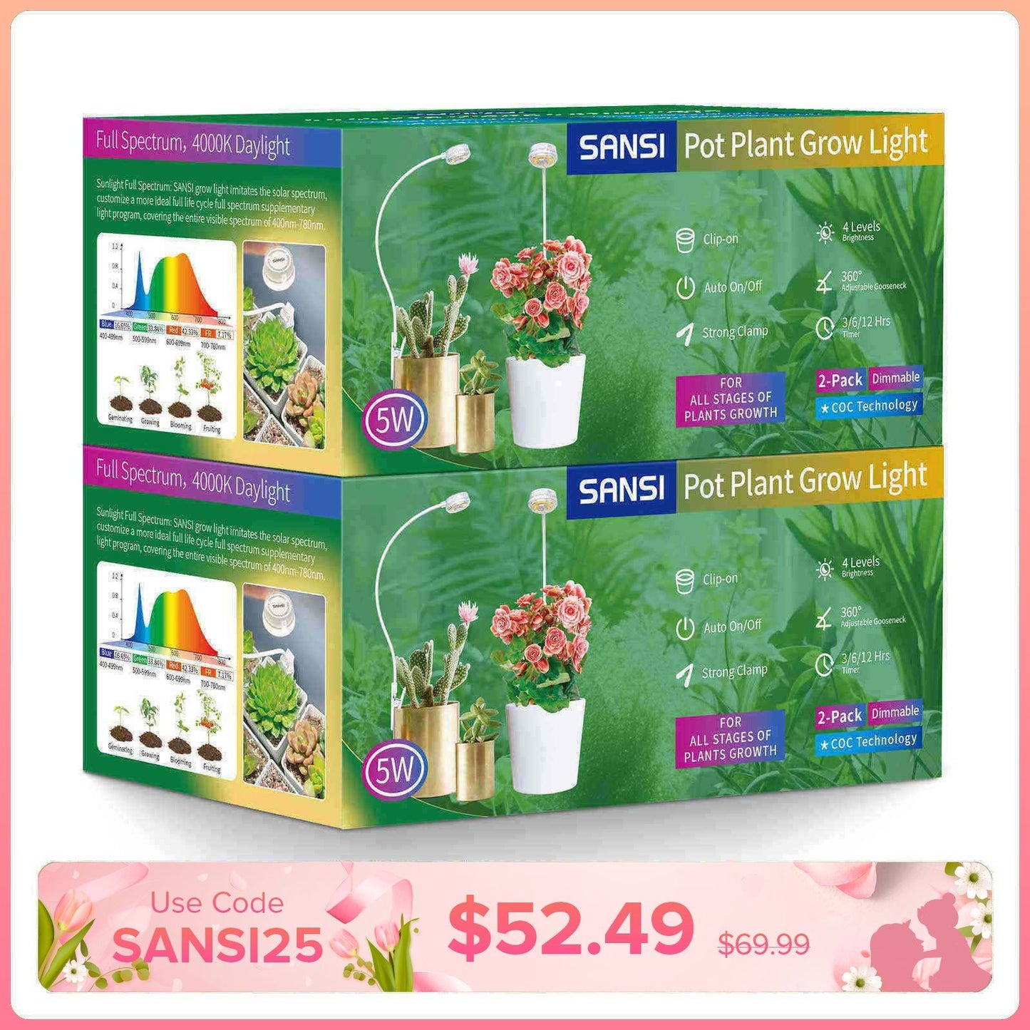 LED Grow Light, 5W Full Spectrum, Pot Clip for Indoor Plants