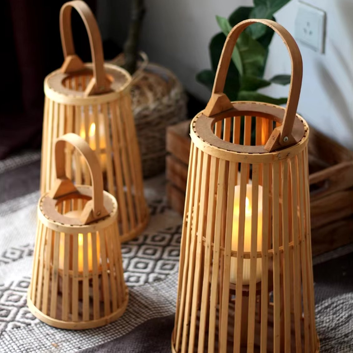Flameless Candle Holder, Bamboo Rattan, For Ambiance