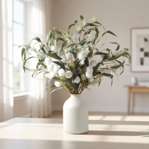 Lifelike Willow Eucalyptus & White Kiku Faux Flower Arrangement, 35 Inch Winter Decor for Living Room, No Watering Needed Vase Not Included