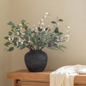 Lifelike Eucalyptus Faux Flower Arrangement, White and Green Winter Decor, 31 Inch Silk Floral for Living Room, No Watering Needed with Vase