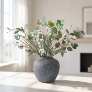 Lifelike Eucalyptus Faux Flower Arrangement, White and Green Winter Decor, 31 Inch Silk Floral for Living Room, No Watering Needed with Vase