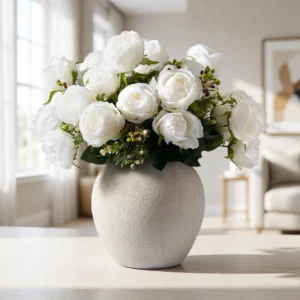 Lifelike White Rose Faux Flower Arrangement, 22 Inch Silk Floral Centerpiece for Living Room, Elegant Fall Decor, No Watering Needed Vase Not Included