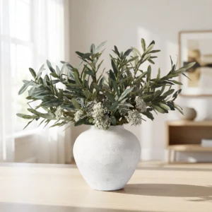Lifelike Olive & White Berry Faux Flower Arrangement, 24 Inch Silk Floral for Living Room, Modern Fall Decor, No Watering Needed Vase Not Included