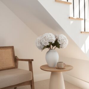 Lifelike White Hydrangea Faux Flower Arrangement, 5 Stems Artificial Flowers for Spring Decor, Farmhouse Style, No Watering Needed with Vase