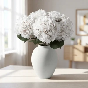 Lifelike White Hydrangea Faux Flower Arrangement, 5 Stems Artificial Flowers for Spring Decor, Farmhouse Style, No Watering Needed with Vase