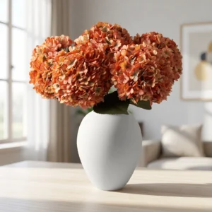 Lifelike Orange Hydrangea Faux Flower Arrangement, 5 Stems for Spring Decor, Modern Home Accent with Vase, No Watering Needed