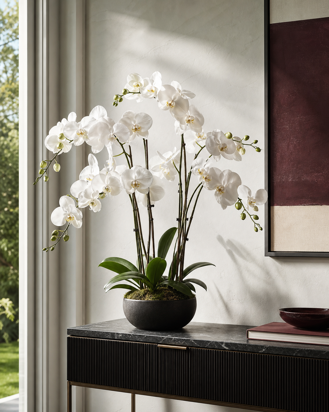 White artificial orchid arrangement in a refined entryway