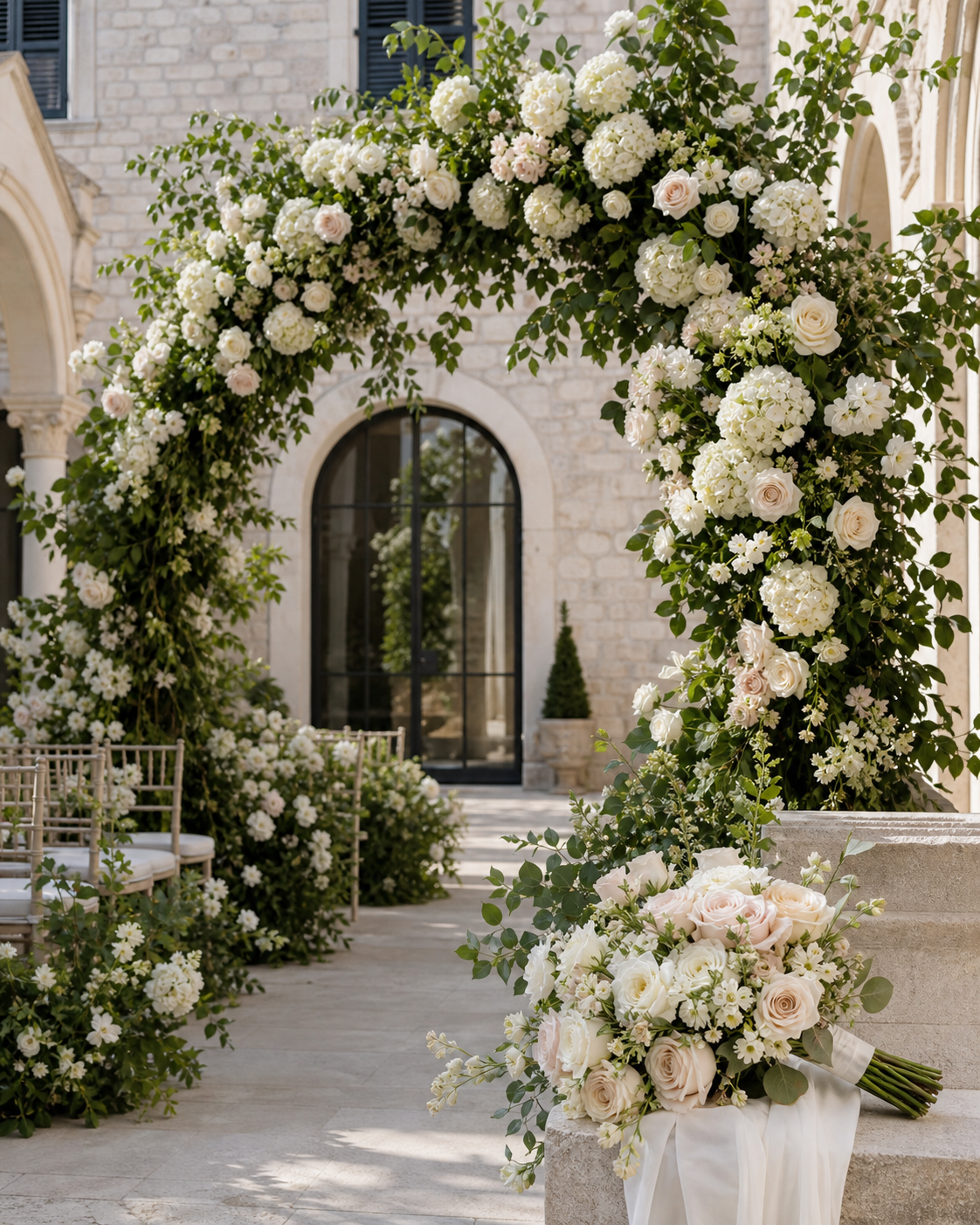 Artificial wedding flower arch in an elegant courtyard