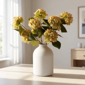 Lifelike Citrus Rose Hydrangea Faux Flower Arrangement, 3 Stems White Yellow Green for Living Room Summer Decor, No Watering Needed Vase Not Included