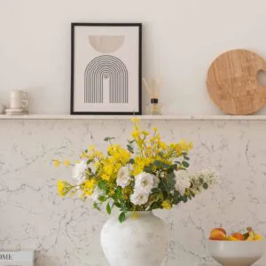 Lifelike Eucalyptus, Yellow Mimosa & White Dahlia Faux Flower Arrangement, 27 Inch Silk Floral Centerpiece for Living Room, Modern Spring Decor, No