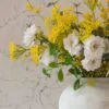 Lifelike Eucalyptus, Yellow Mimosa & White Dahlia Faux Flower Arrangement, 27 Inch Silk Floral Centerpiece for Living Room, Modern Spring Decor, No