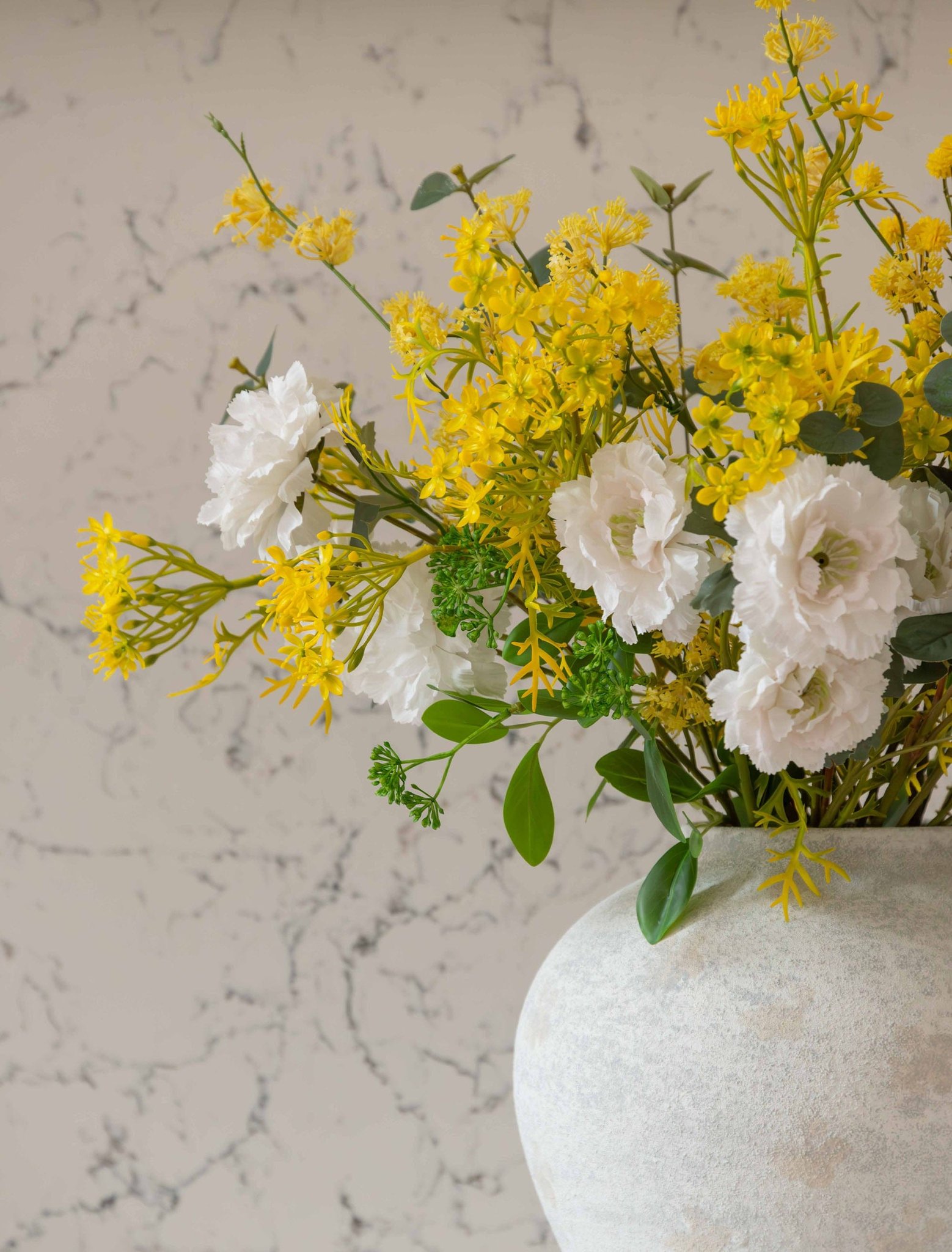 Faux Arrangement - Eucalyptus, Yellow Mimosa & White Dahlia