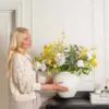 Lifelike Eucalyptus, Yellow Mimosa & White Dahlia Faux Flower Arrangement, 27 Inch Silk Floral Centerpiece for Living Room, Modern Spring Decor, No