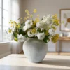 Lifelike Eucalyptus, Yellow Mimosa & White Dahlia Faux Flower Arrangement, 27 Inch Silk Floral Centerpiece for Living Room, Modern Spring Decor, No