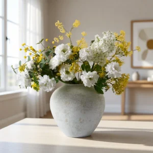 Lifelike Eucalyptus, Yellow Mimosa & White Dahlia Faux Flower Arrangement, 27 Inch Silk Floral Centerpiece for Living Room, Modern Spring Decor, No