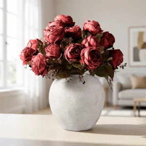 Realistic Red Rose Faux Flower Arrangement, 21 Roses Artificial Silk Floral Stems, Elegant Living Room Decor, No Watering Needed Vase Not Included