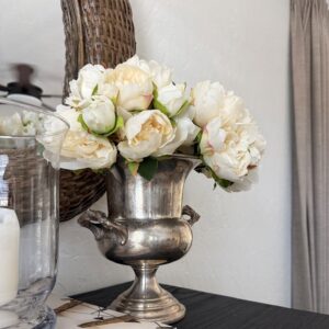 Lifelike Cream Peony Artificial Flower Bouquet, 9 Inch Silk Floral Bridal for Wedding Centerpiece, Elegant No Watering Needed with Vase