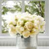 Lifelike Cream Peony Artificial Flower Bouquet, 9 Inch Silk Floral Bridal for Wedding Centerpiece, Elegant No Watering Needed with Vase