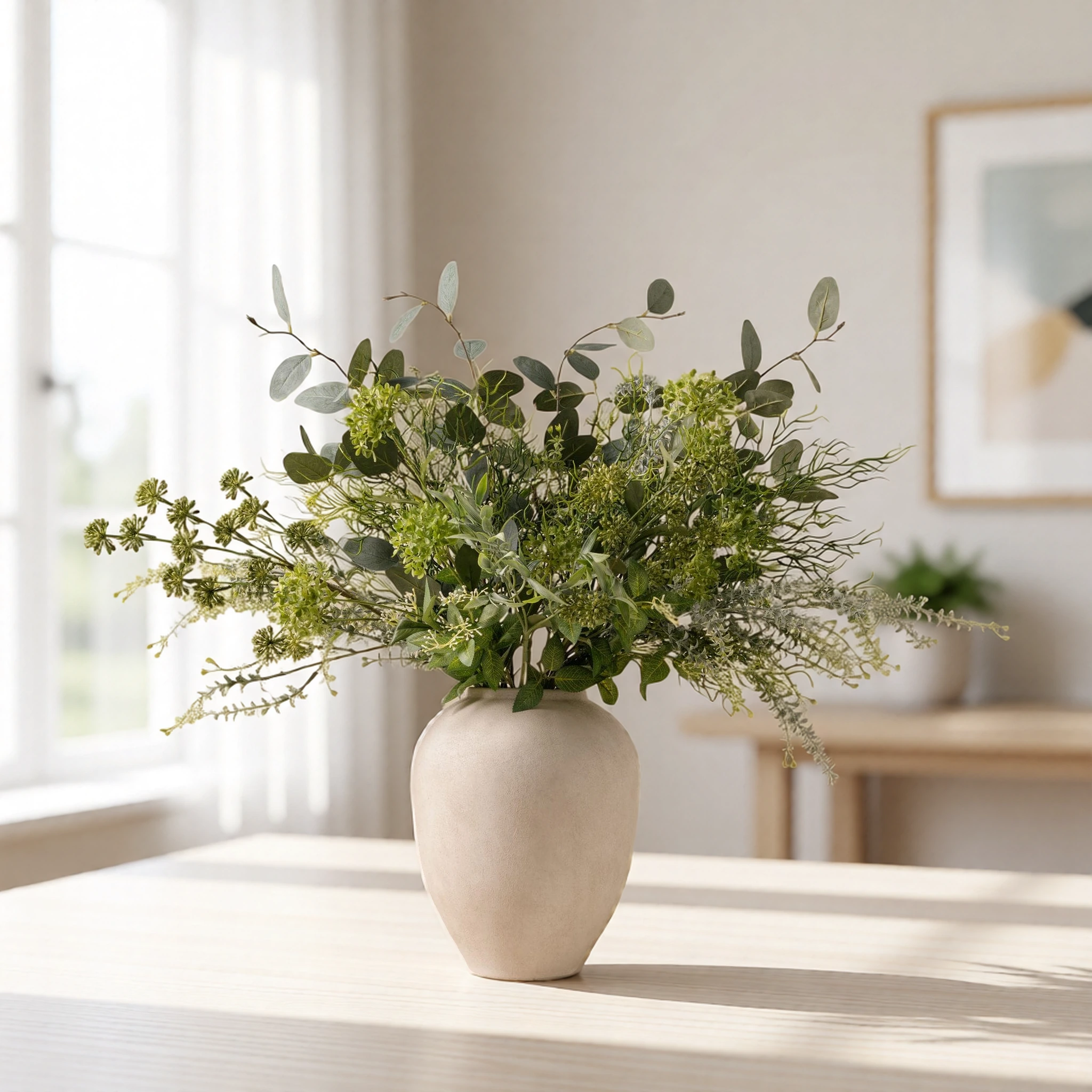 Lifelike Wild Eucalyptus & Green Berry Faux Flower Arrangement, 18 Stems Artificial Silk Flowers for Living Room, Spring Decor, No Watering Needed