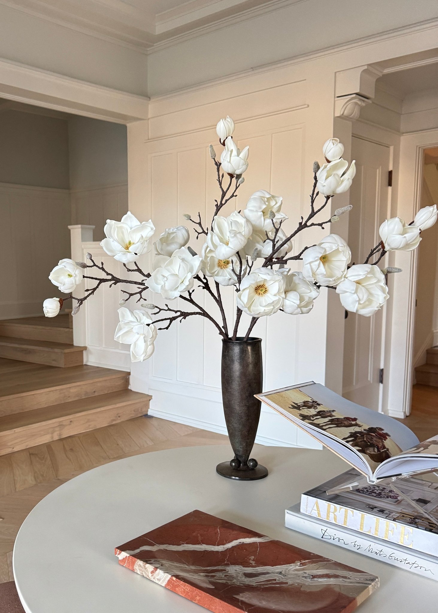 Lifelike White Magnolia Faux Flower Branch, 39 Inch Artificial Floral Stem for Spring Decor, Wedding Centerpiece, Luxury Home No Watering Needed with
