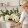 Lifelike Eucalyptus & White Hydrangea Faux Flower Arrangement, 28 Inch Silk Floral Centerpiece for Dining Table, Farmhouse Decor, No Watering Needed
